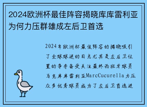 2024欧洲杯最佳阵容揭晓库库雷利亚为何力压群雄成左后卫首选