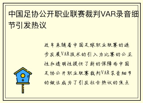 中国足协公开职业联赛裁判VAR录音细节引发热议